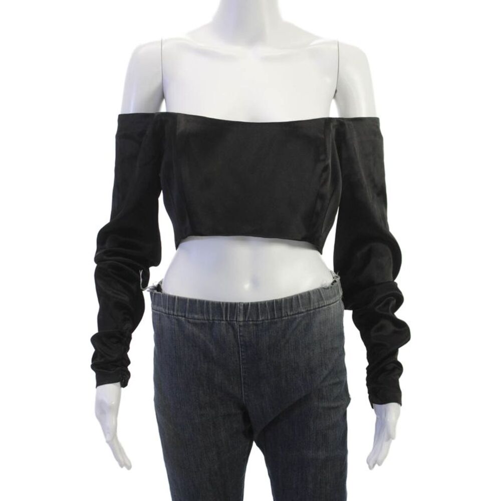 Kimberly Taylor Womens Cropped Satin Off Shoulder Black Long Sleeve Top Size M